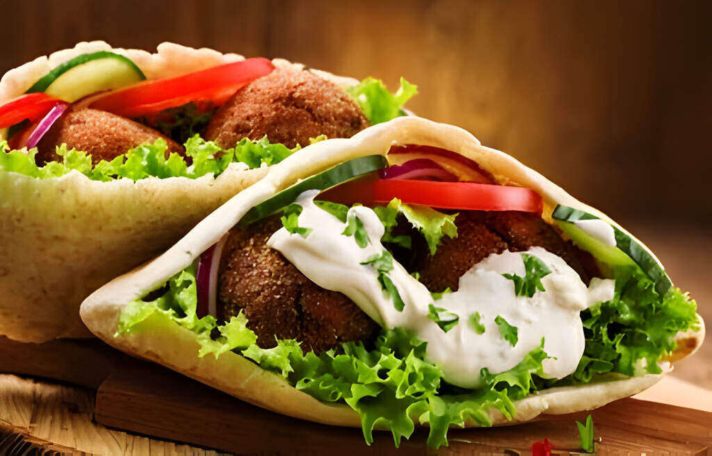 Falafel pita stuffed with fresh vegetables on a wooden table, showcasing Mediterranean foods online available for delivery.