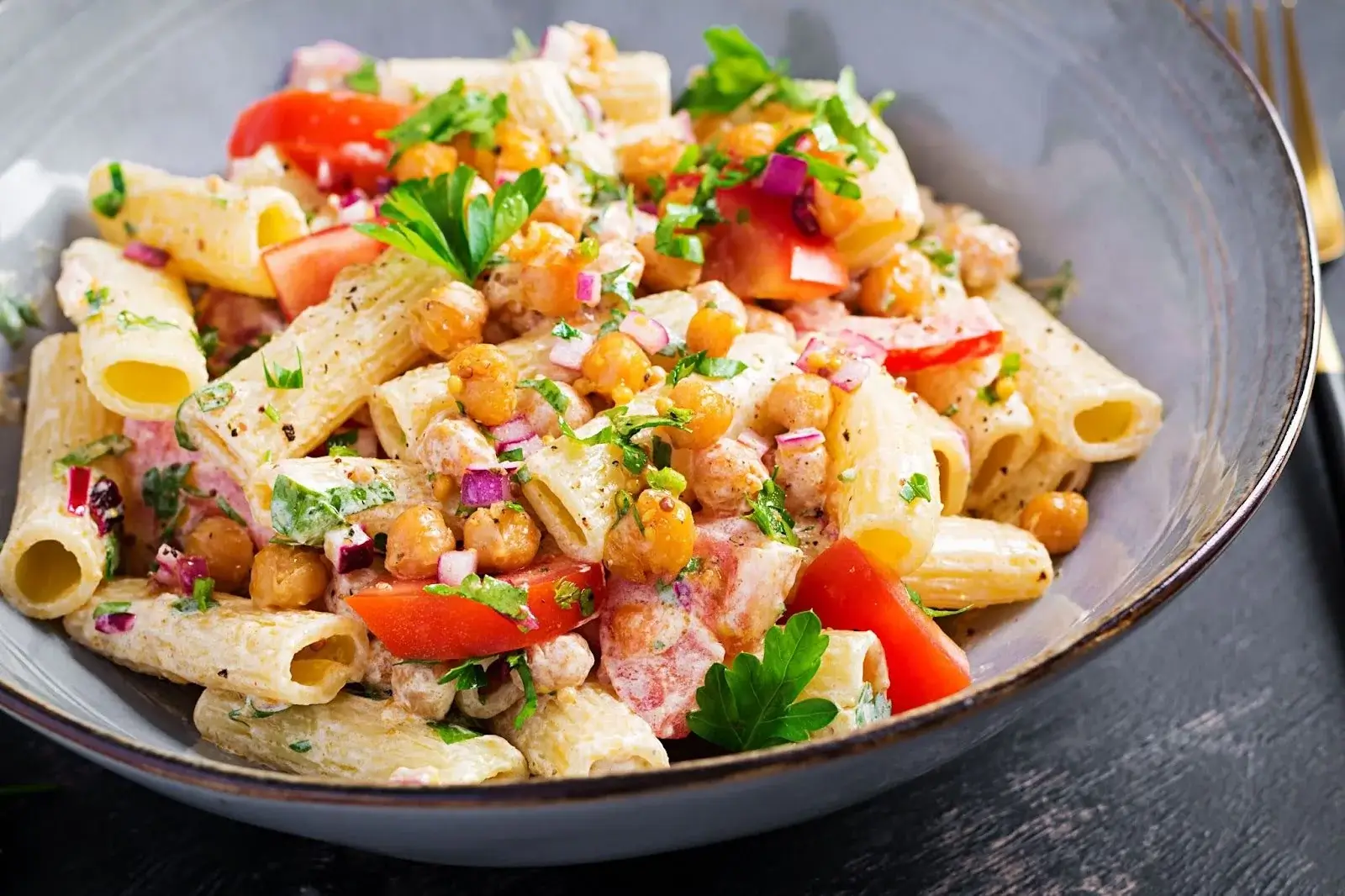 Chickpea pasta and rice dishes in a bowl