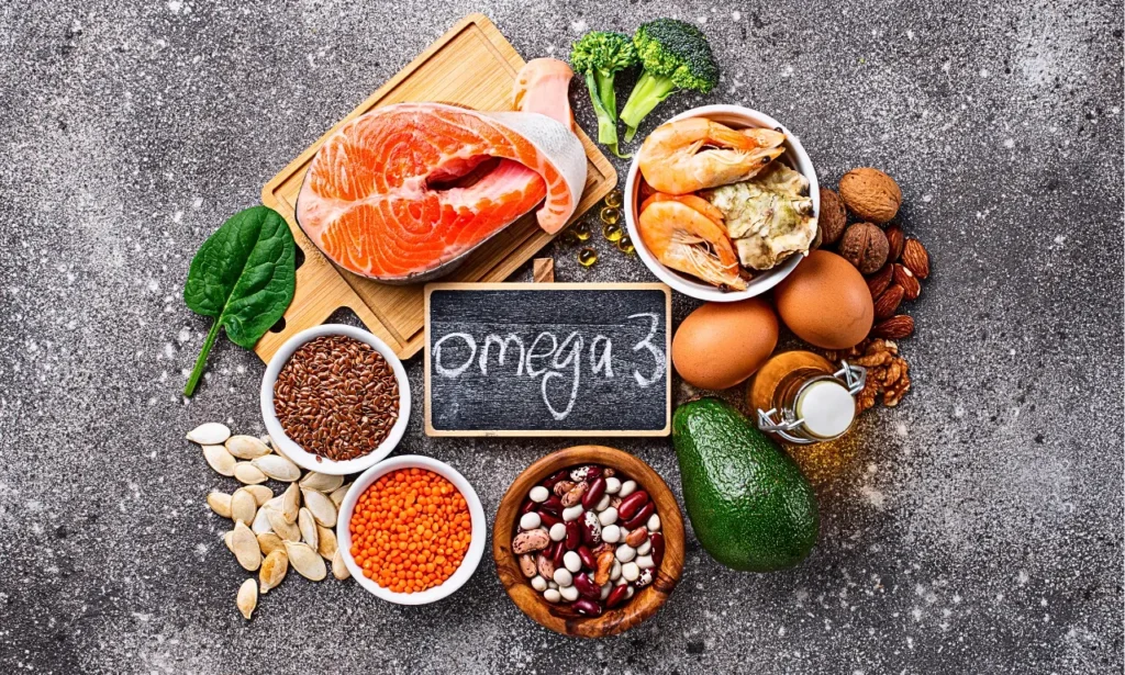 Mediterranean diet for depression with omega-3 rich foods like salmon, shrimp, eggs, nuts, seeds, lentils, beans, avocado, and leafy greens