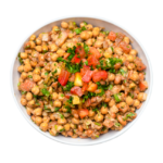 Chickpea Slad with tomatoes and onions in a white bowl