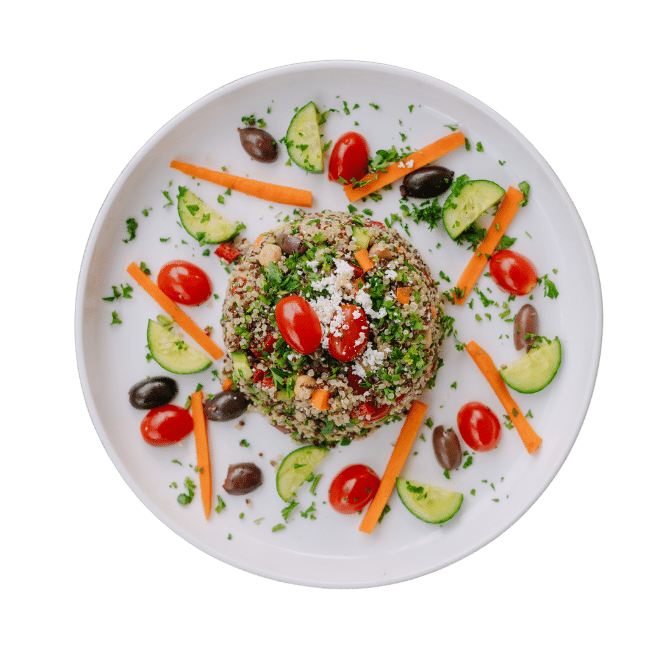 Quinoa Salad - cherry tomatoes, olives, fetta cheese, and orange vinaigrette