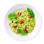 Bow tie pesto pasta salad with cherry tomatoes, feta, and olives at Aladdin Mediterranean Grill in Houston.