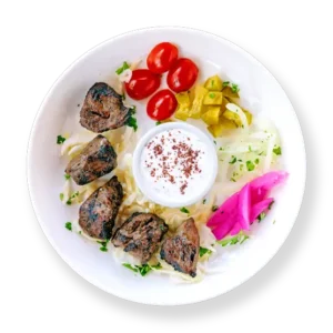 Filet Steak Kabob -grilled filet steak beef kabob from Aladdin Mediterranean Cuisine, served with basmati rice and roasted vegetables