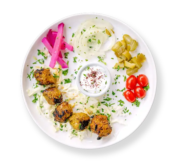 Filet Lamb Kabob with pickles tomatoes and cabbage and garlic sauce Aladdins Houston