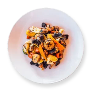 Marinated mushroom and artichoke salad tossed with grilled carrots, squash