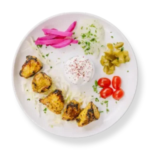 Saffron Chicken Kebab from Aladdin Mediterranean Cuisine—juicy, saffron-infused chicken skewer.