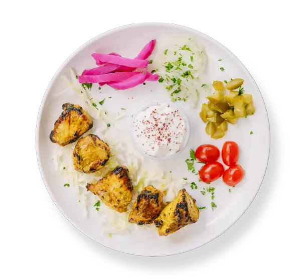 Saffron Chicken Kebab from Aladdin Mediterranean Cuisine—juicy, saffron-infused chicken skewer.