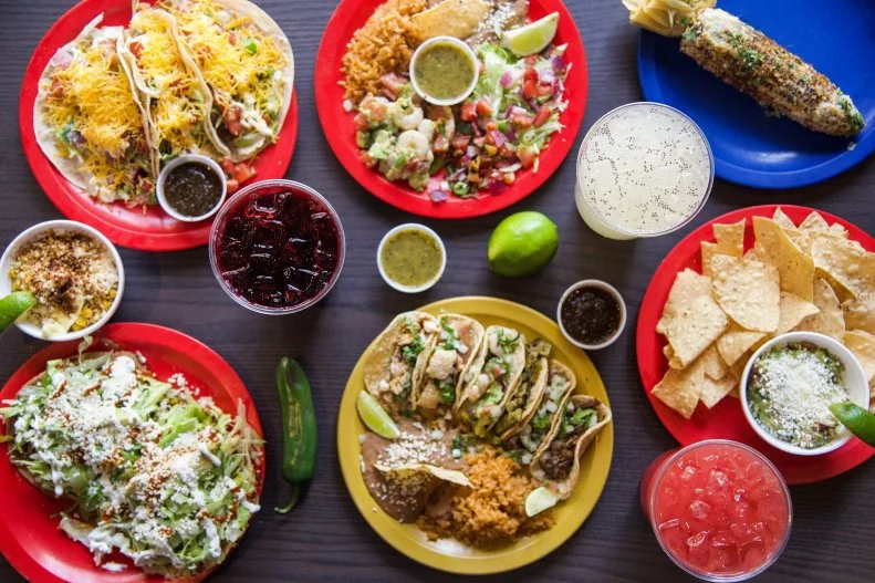 Colorful plates of Mediterranean food