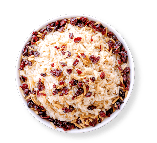 Fluffy basmati rice mixed with almonds and cranberries, served at Aladdin Mediterranean Cuisine in Houston.