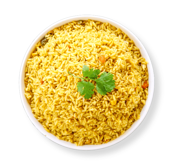Golden saffron rice garnished with fresh parsley, served at Aladdin Mediterranean Cuisine in Houston.