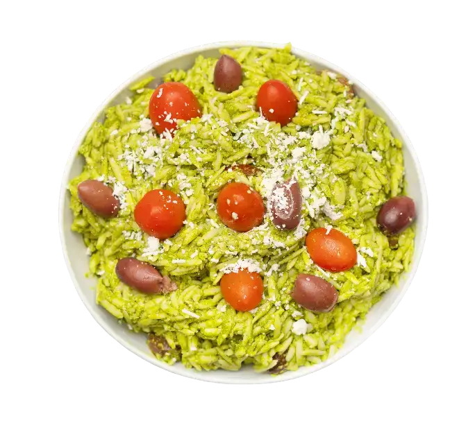 Orzo pesto salad with cherry tomatoes, feta cheese, and kalamata olives from Aladdin Mediterranean Grill in Houston.