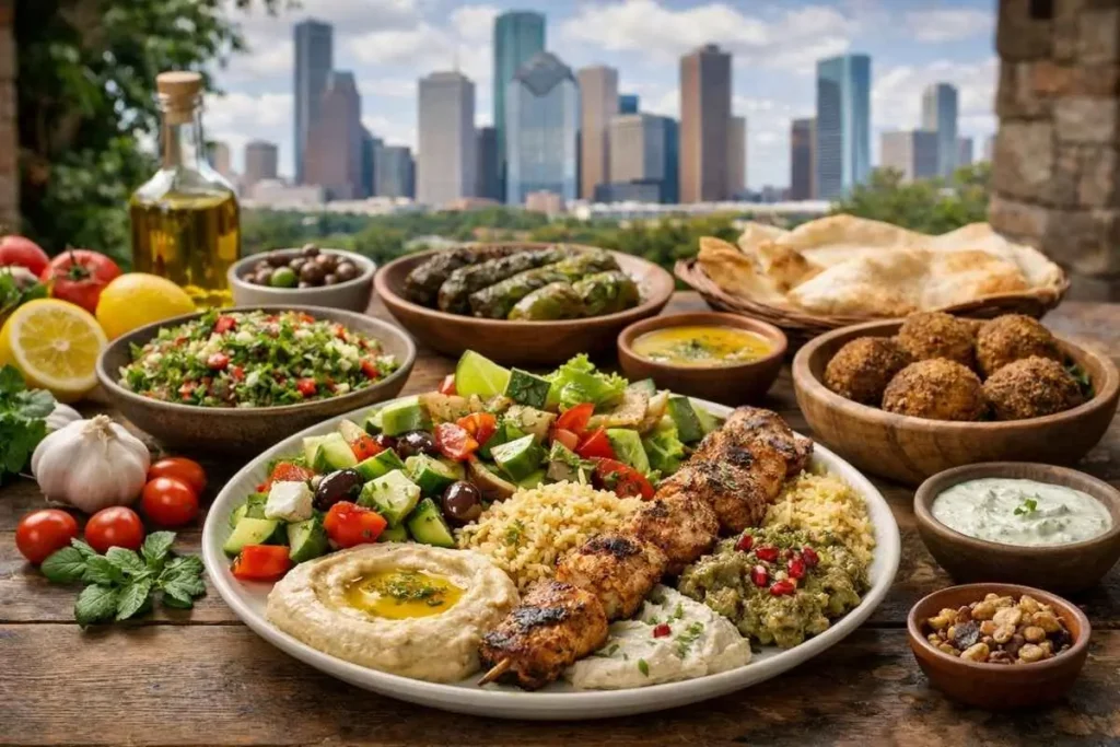 Healthy food Houston - colorful Mediterranean plate with hummus, salad, grilled chicken kabob, and fresh vegetables at Aladdin Mediterranean Cuisine