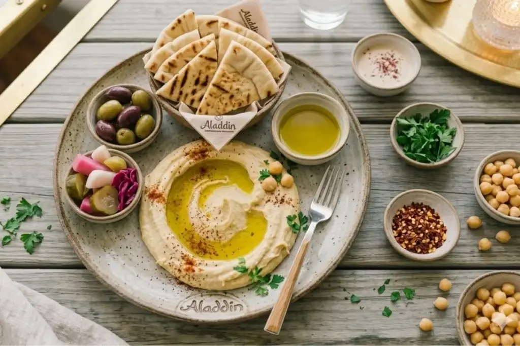 Hummus plate with pita bread, olives, pickles, olive oil, chickpeas, and herbs